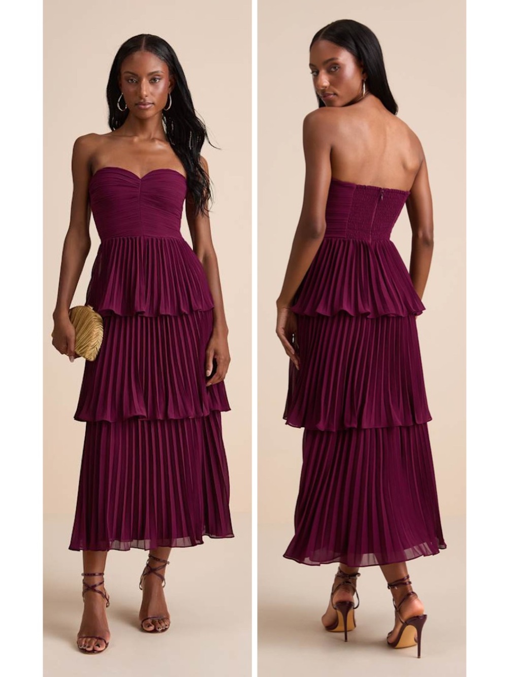 Lulus Seriously Sensational Plum Strapless Tiered Midi Dress Size Large Formal